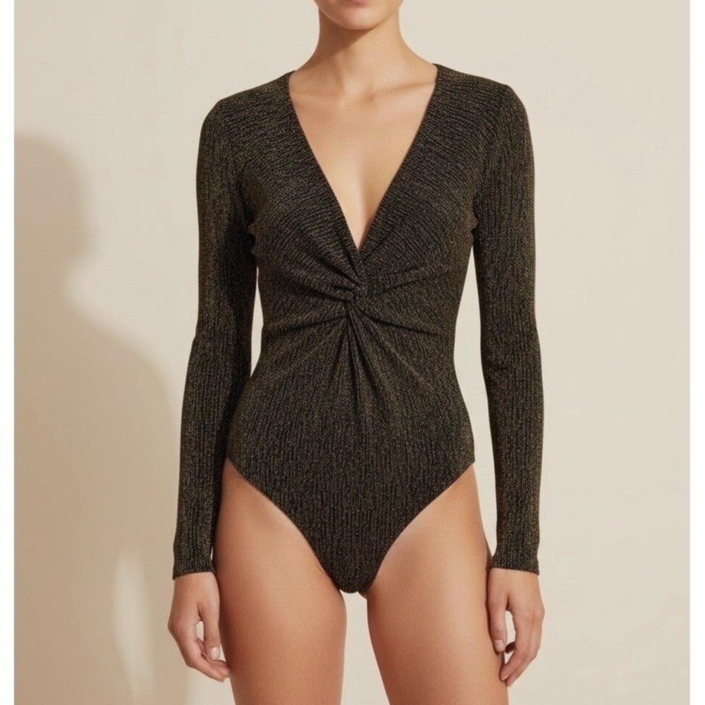 NWT Mi Ami Bodysuit Women Medium Gold Black Metallic Lurex Long Sleeve V-Neck